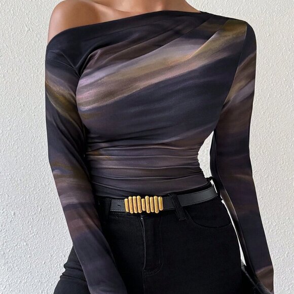 Casual Women's Marble Gradient Print Asymmetrical Neck top - Picture 3 of 6